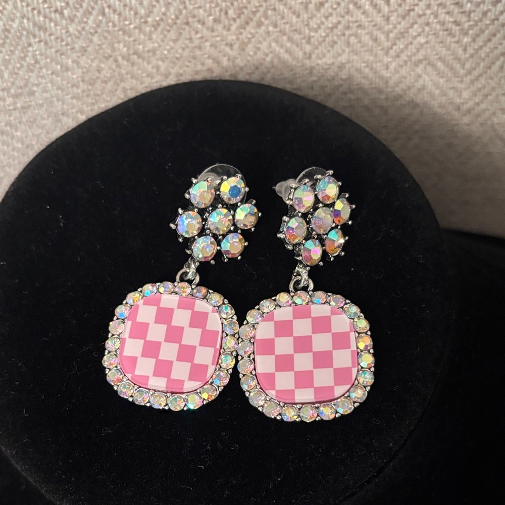 Pink Checkered Iridescent Earrings